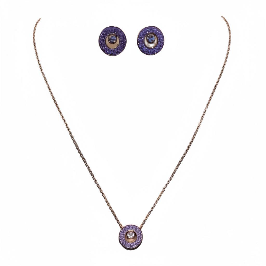 Juego Aretes y Collar Chapa Oro Cristal Morado