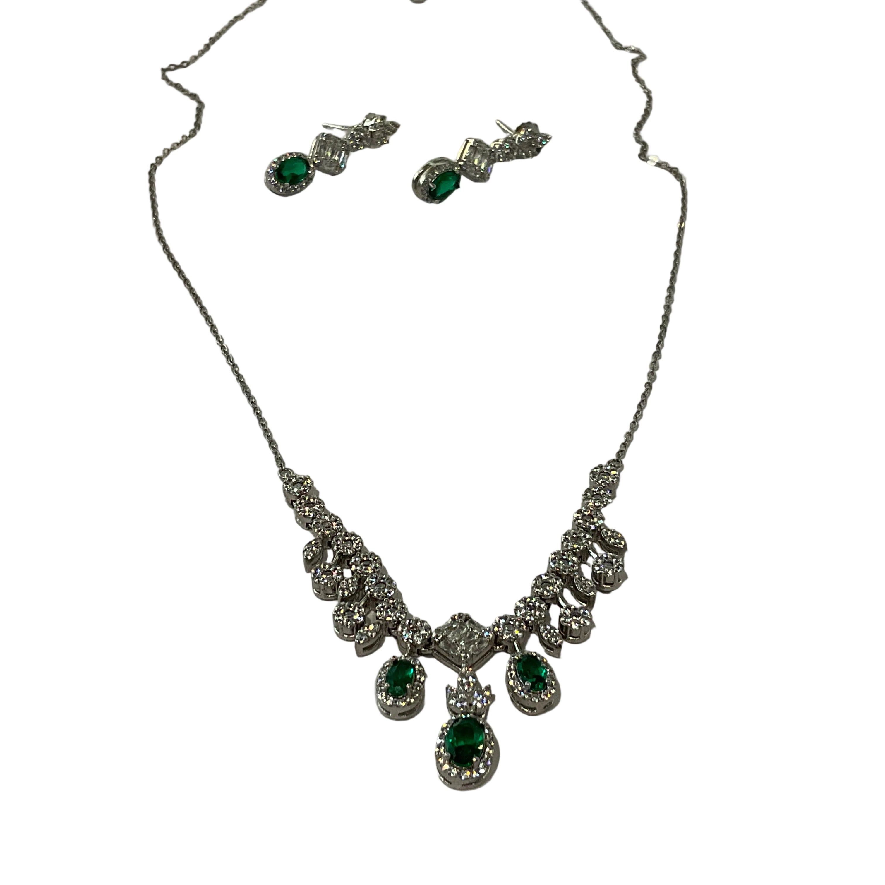 Juego Collar Aretes Plata Zirconias Cristalinas y Verdes