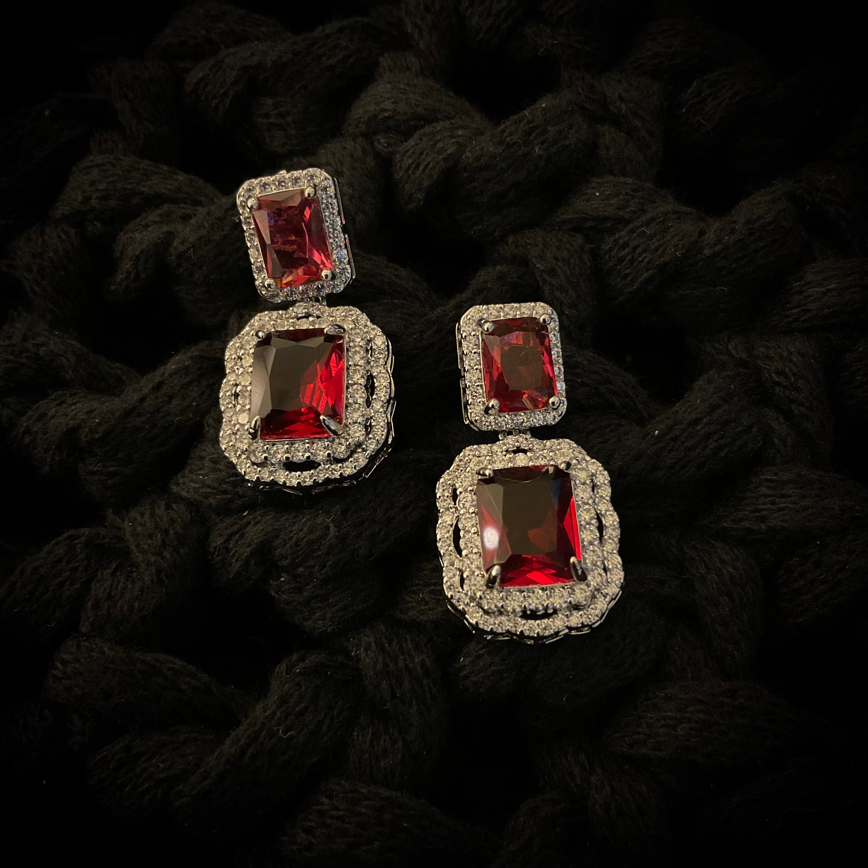 Aretes Rodio Flor y Gota Rojo