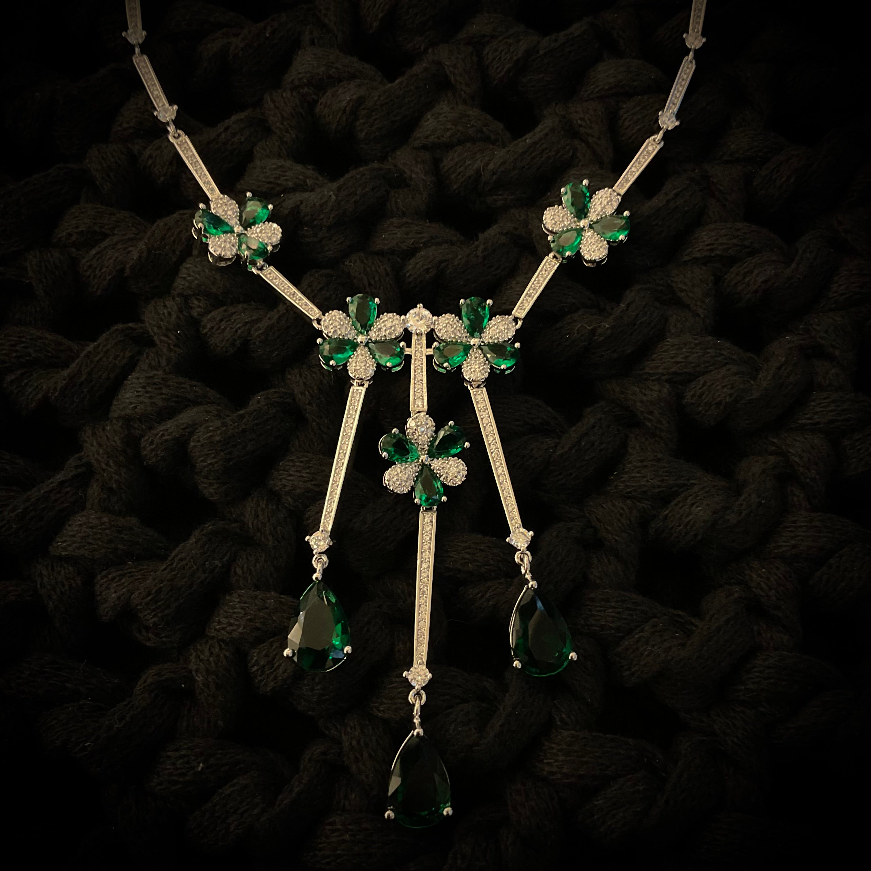 Juego de Collar Pulsera Aretes Rodio Verde